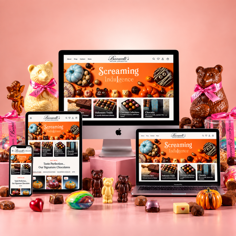 Baravelli's screens showing website surrounded by chocolates