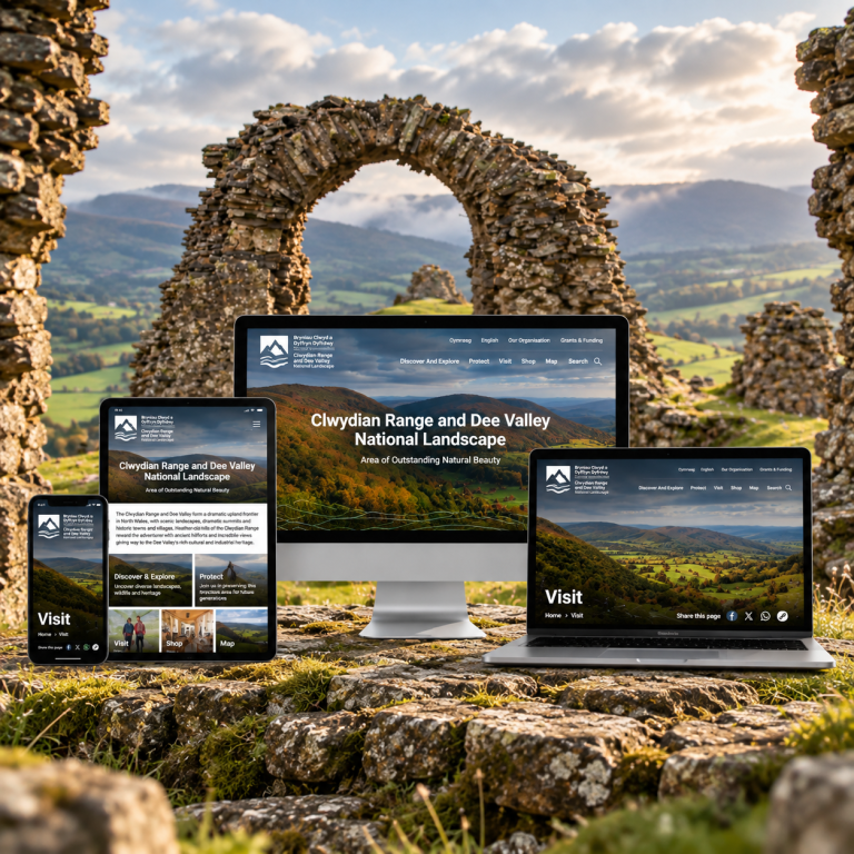 Clwydian Range and Dee Valley National Landscape website screens set amongst hillfort ruins.
