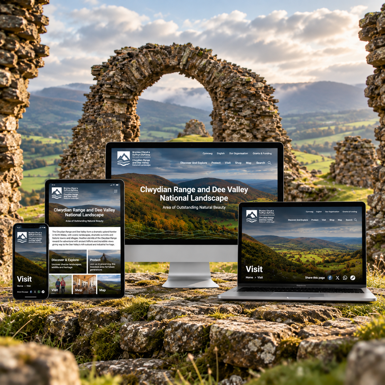 ChatGPT Image Sep 23, 2026 at 11_26_50 AM Clwydian Range and Dee Valley National Landscape website screens set amongst hillfort ruins.