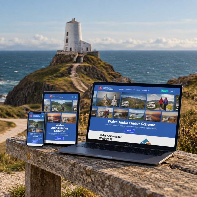 Ambassador Wales website screens in front of welsh lighthouse
