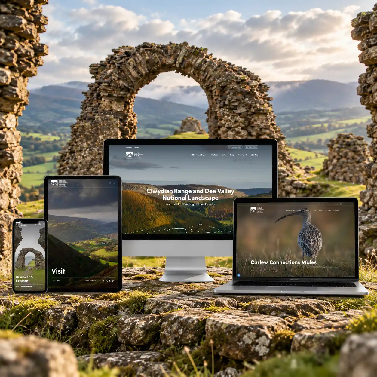 Clwydian Range and Dee Valley National Landscape website screens set amongst hillfort ruins.